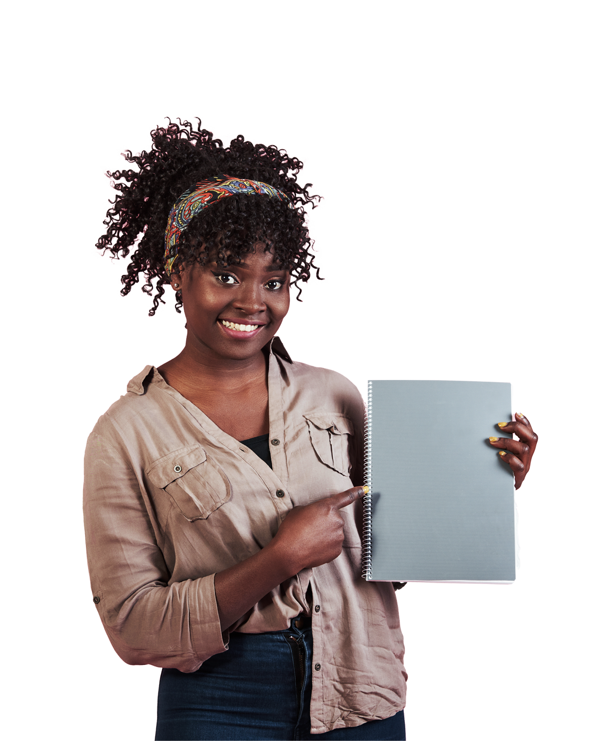 Bridged Learning Platform Lady Pointing to a Notebook